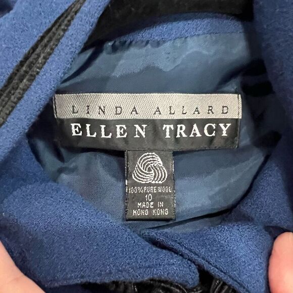Vtg Linda Allard Ellen Tracy Blue Black Detail 100% Wool Long Coat Sz 10 Women’s - Picture 4 of 9
